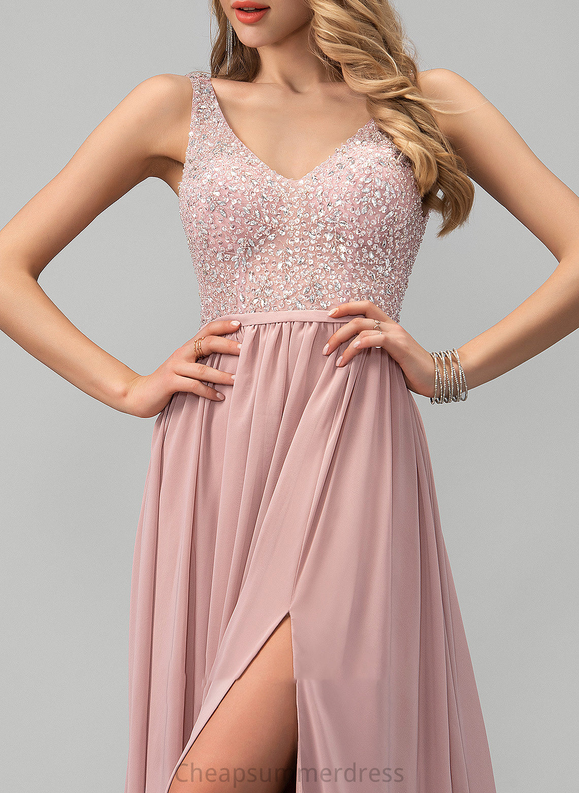Cadence Front V-neck Split A-Line Beading Sequins With Floor-Length Chiffon Prom Dresses