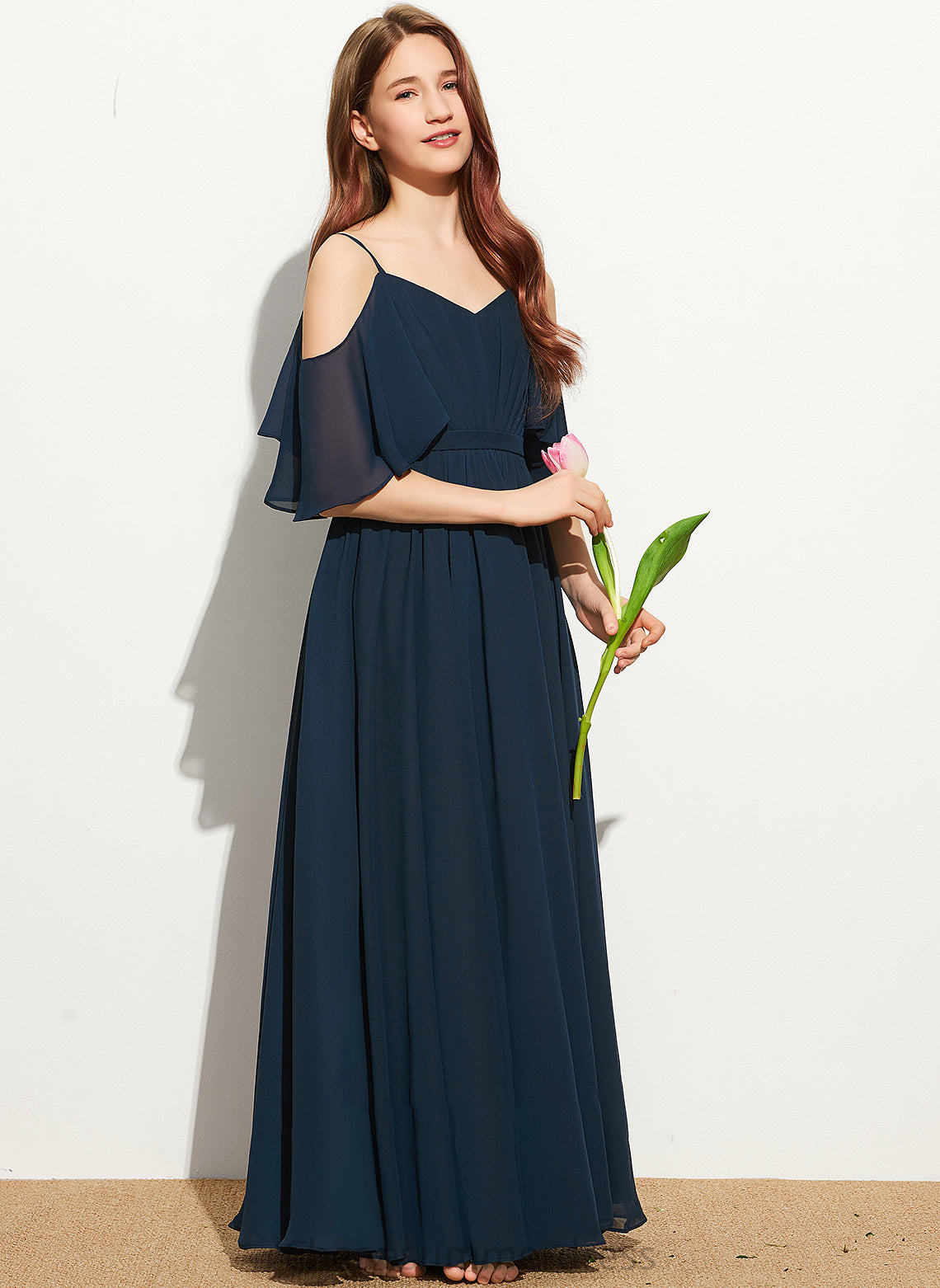 With Natalie A-Line Junior Bridesmaid Dresses Chiffon Ruffle Floor-Length Off-the-Shoulder
