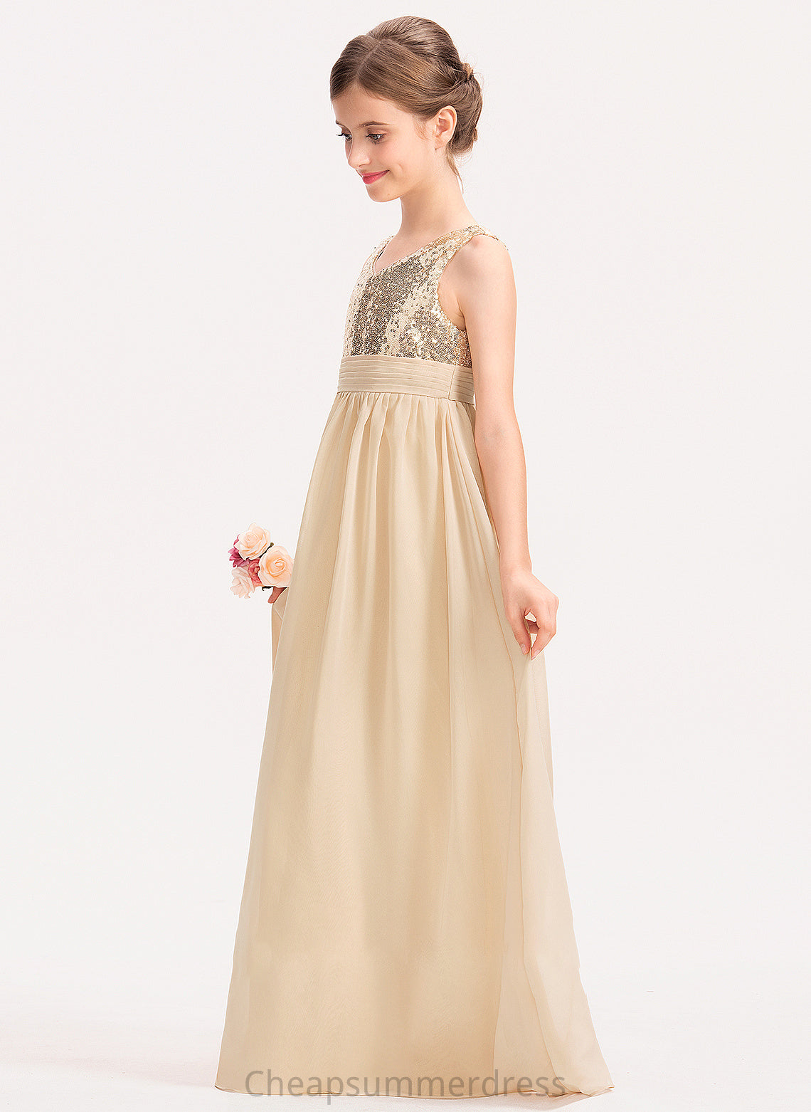 V-neck Junior Bridesmaid Dresses With A-Line Sequined Ruffle Floor-Length Clarissa Chiffon
