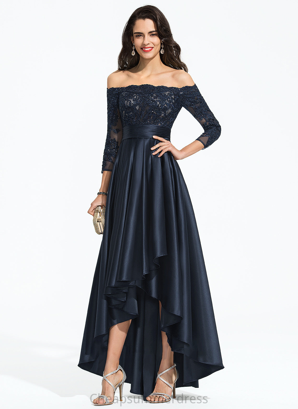 Off-the-Shoulder Prom Dresses Lila Ruffle Satin Sequins Asymmetrical A-Line With