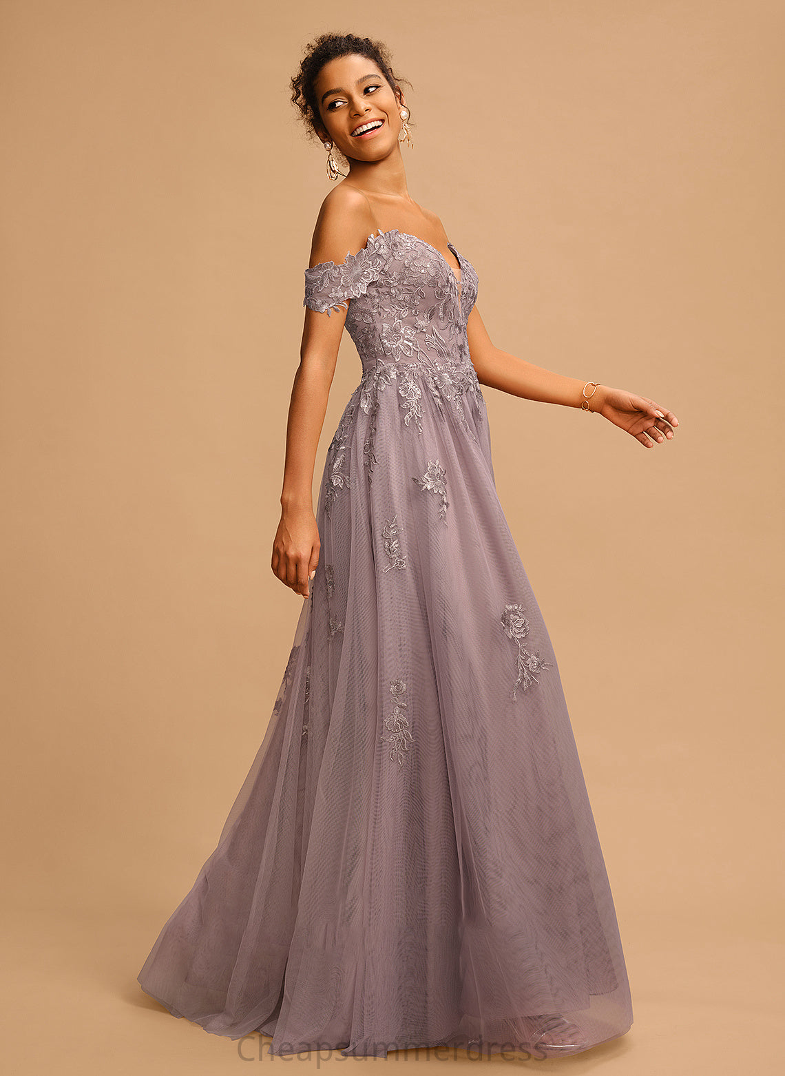A-Line Tulle Prom Dresses With Off-the-Shoulder Aniya Sequins Floor-Length
