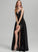 Front V-neck A-Line Split Satin With Prom Dresses Ruffle Kenley Floor-Length