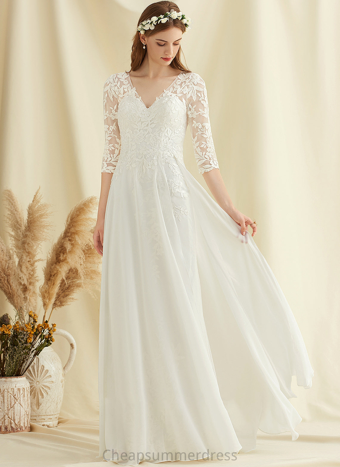 A-Line Lace Mckenzie V-neck Floor-Length Chiffon Wedding Dress Wedding Dresses