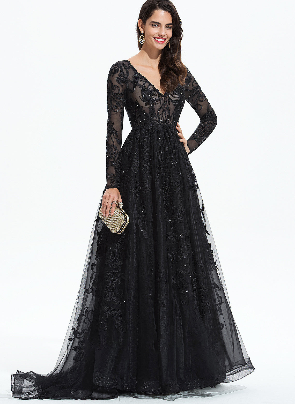 Train Sweep Ball-Gown/Princess Prom Dresses Tulle V-neck Eileen With Sequins Lace