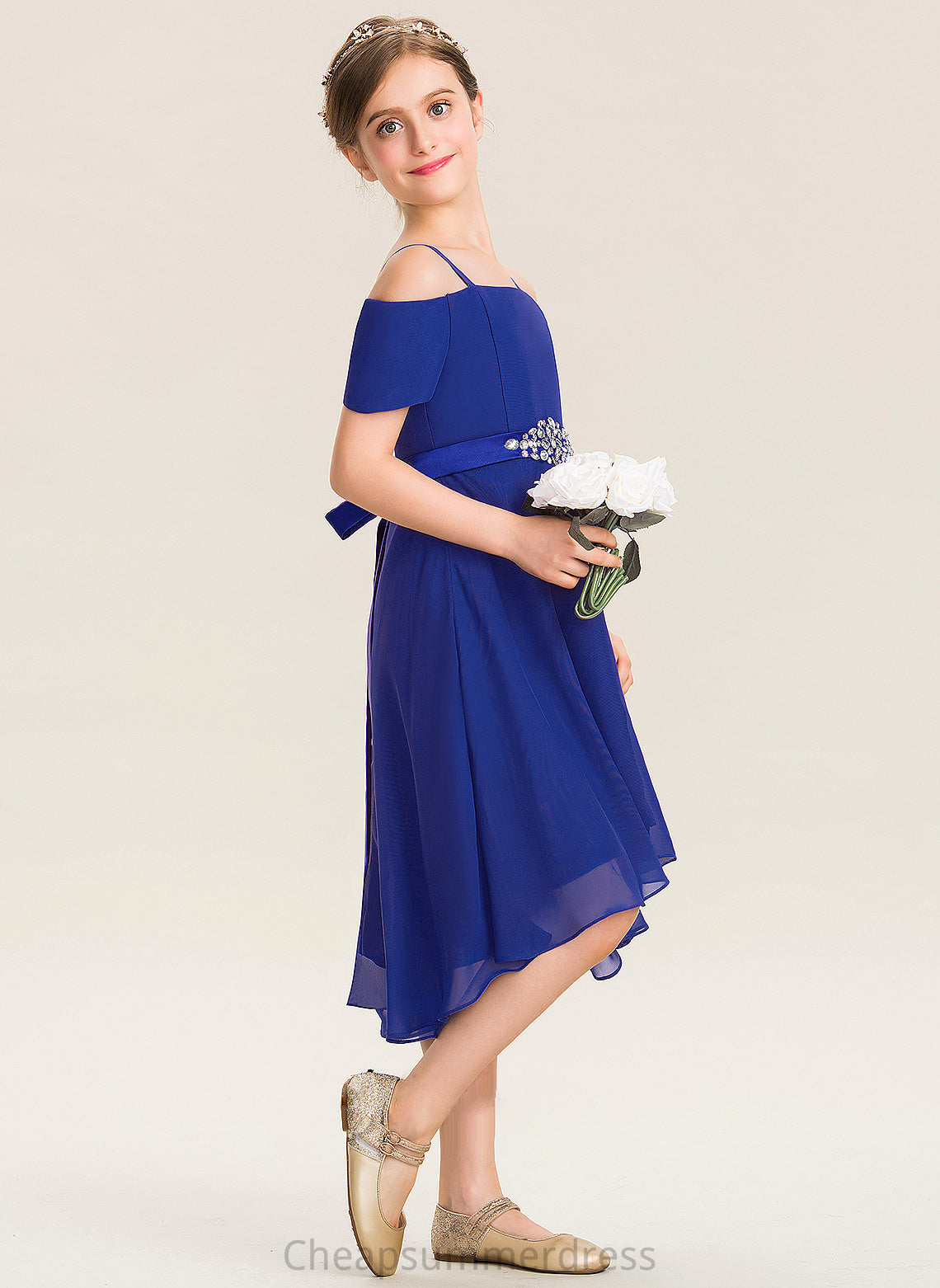 Asymmetrical Junior Bridesmaid Dresses Beading Kayley A-Line Chiffon Off-the-Shoulder With Bow(s)