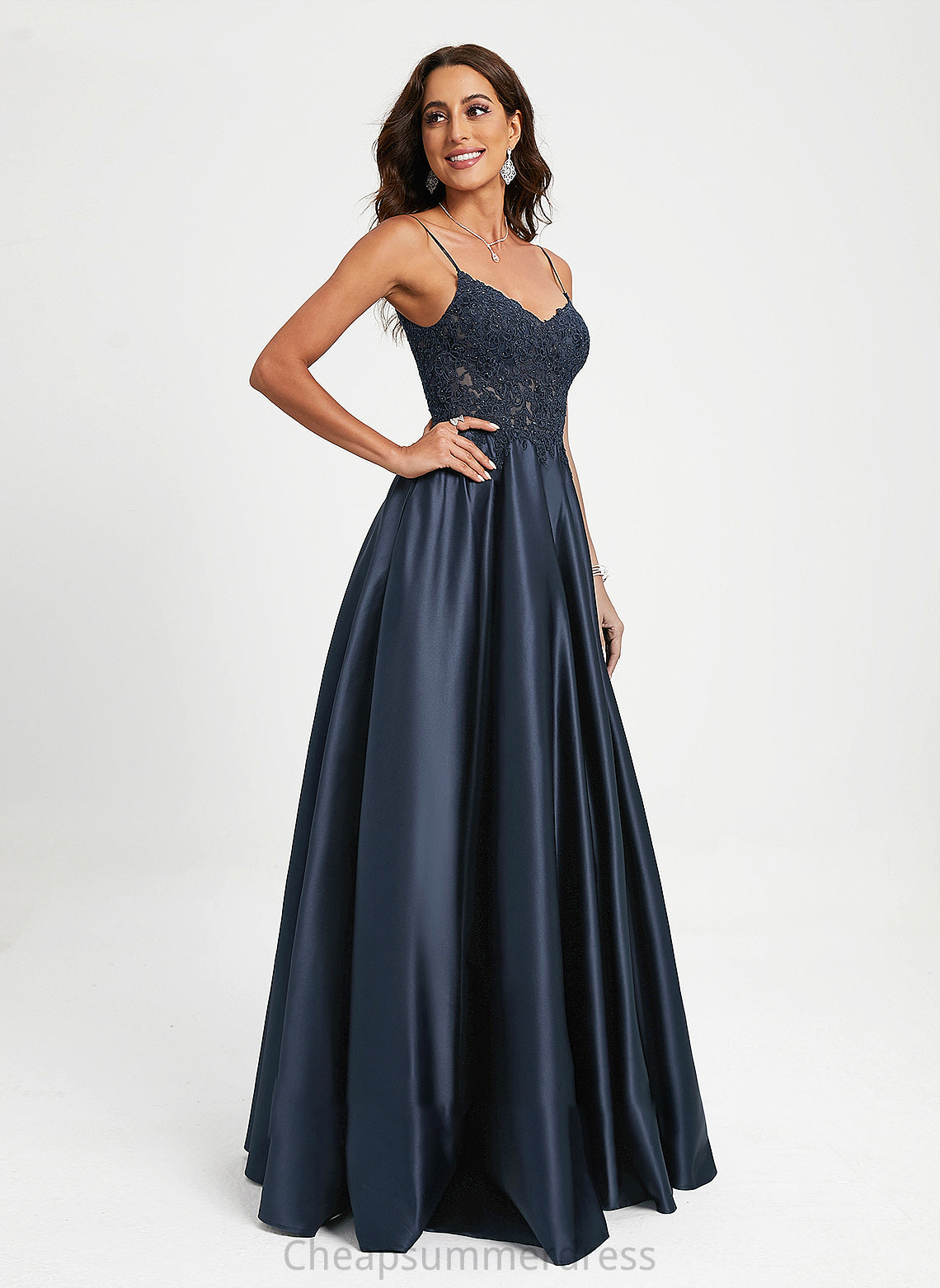 V-neck Satin Mariela Lace Prom Dresses With Floor-Length Sequins A-Line