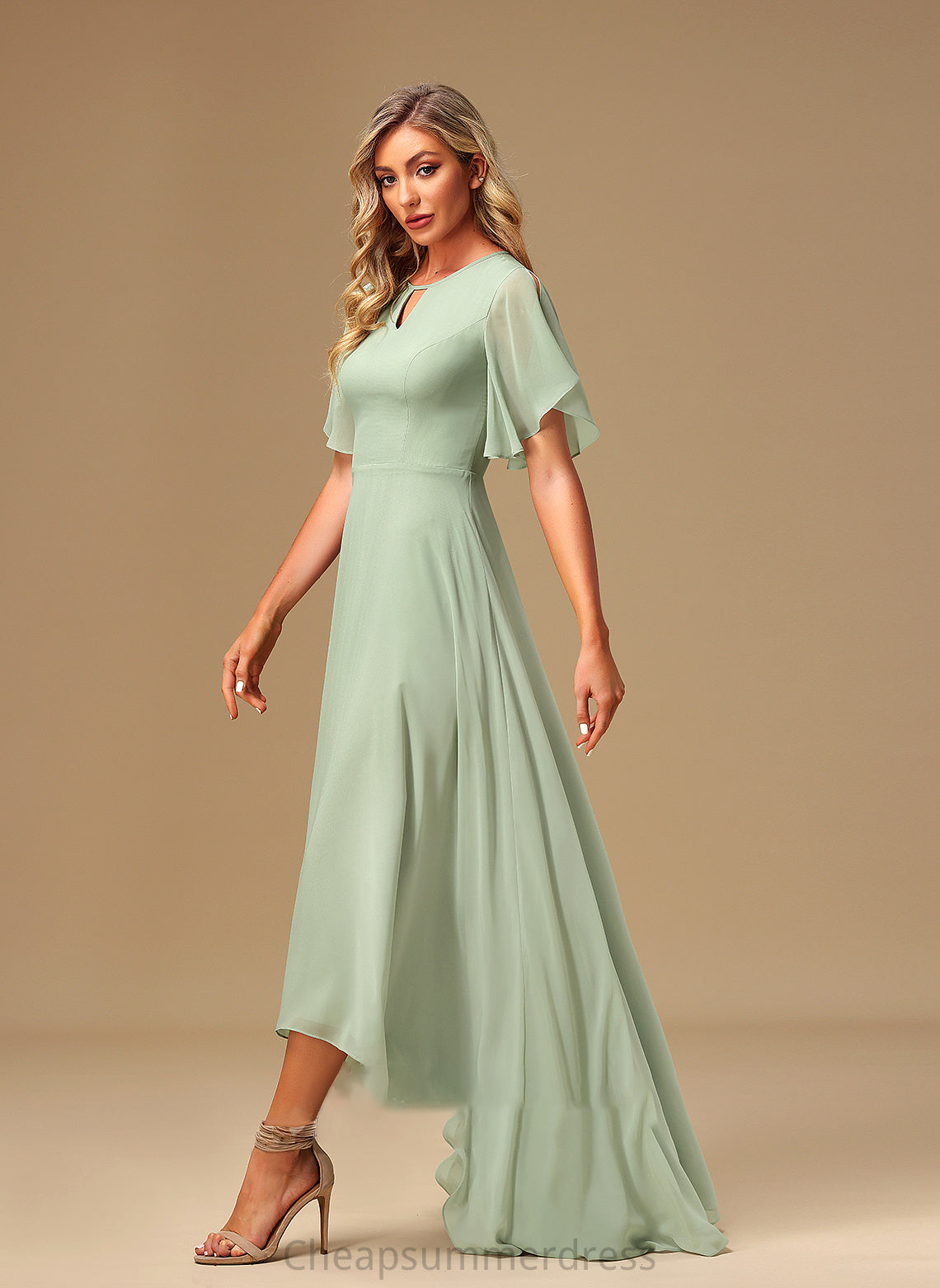 Asymmetrical Fabric Length A-Line Silhouette Ruffle Embellishment Straps Mia Natural Waist Floor Length A-Line/Princess