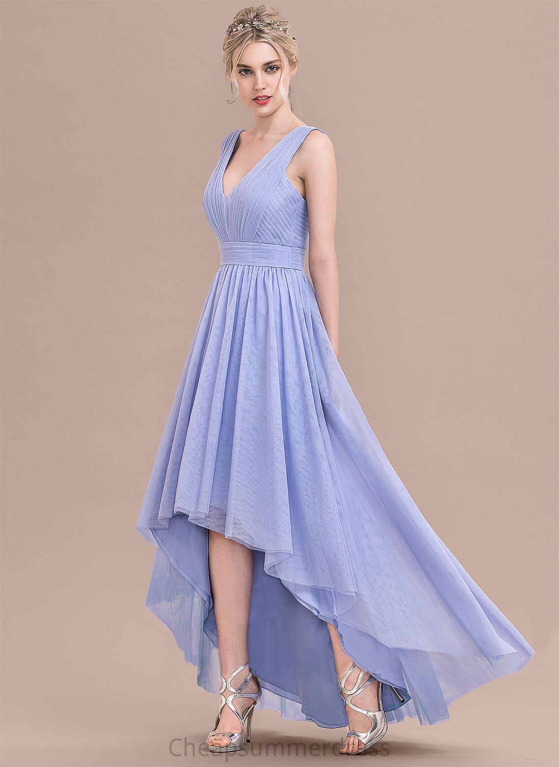 Tulle Asymmetrical Ball-Gown/Princess With Bailey Ruffle V-neck Prom Dresses
