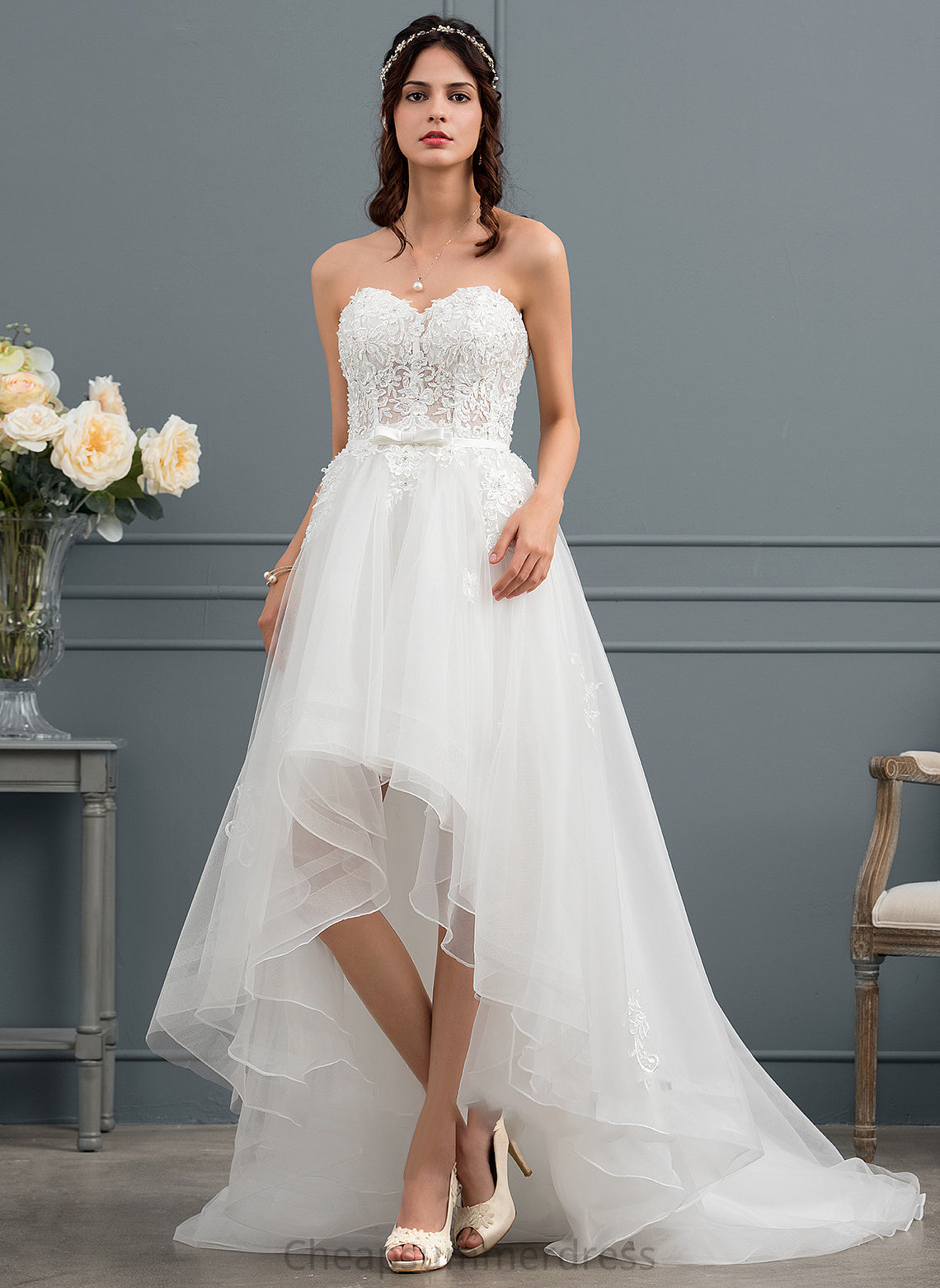 Tulle Bow(s) Janae Beading Wedding Dresses Dress Asymmetrical With Sweetheart A-Line Wedding Sequins