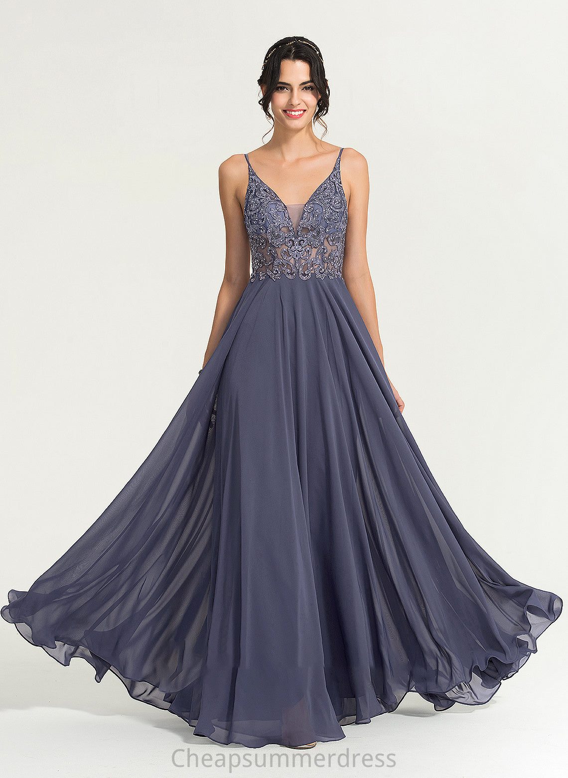 Floor-Length A-Line Chiffon Sequins Lindsay Beading With Prom Dresses V-neck