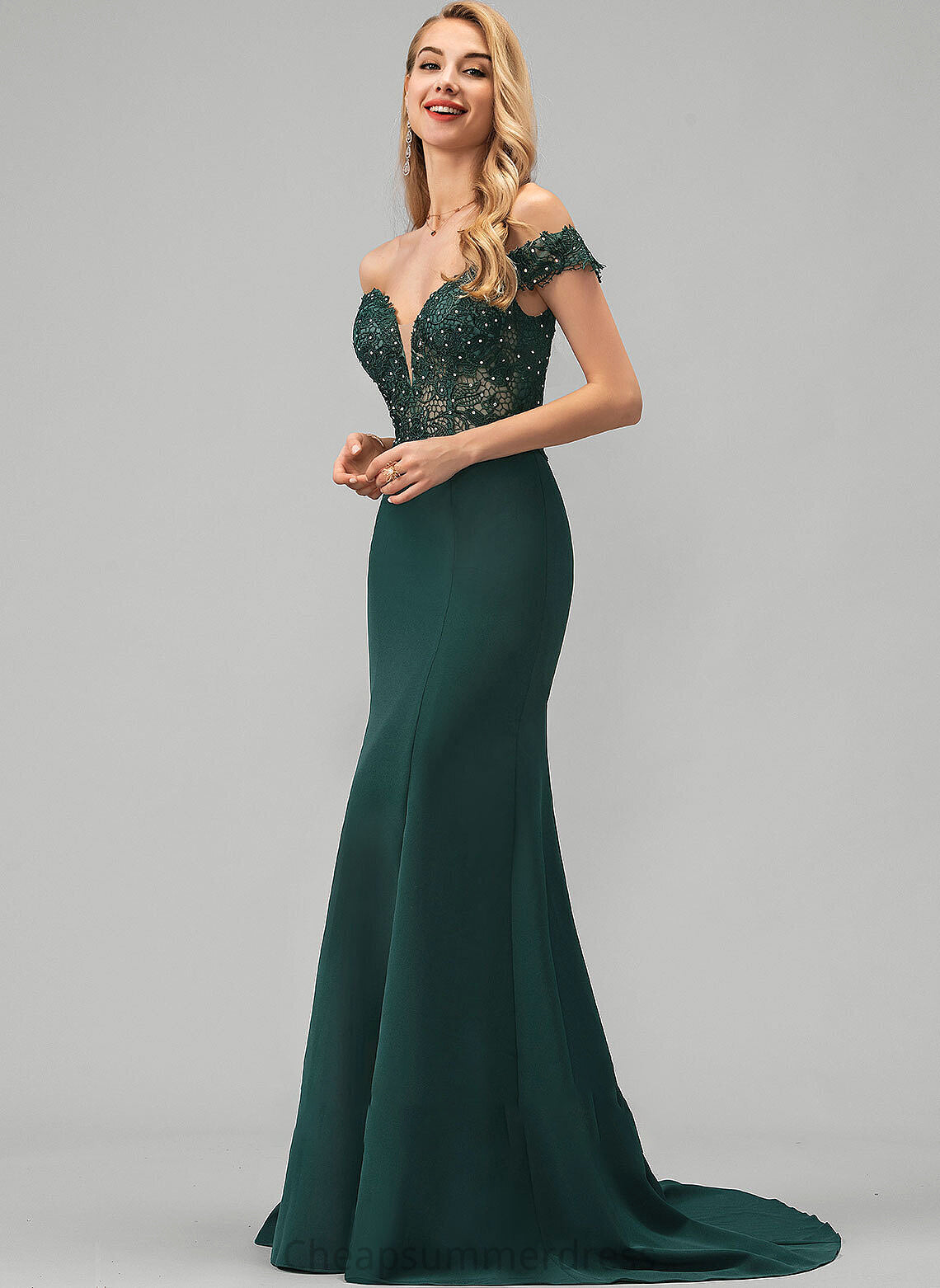 Beading Jaqueline Stretch Sweep Sequins Prom Dresses With Train Crepe Trumpet/Mermaid Lace Off-the-Shoulder