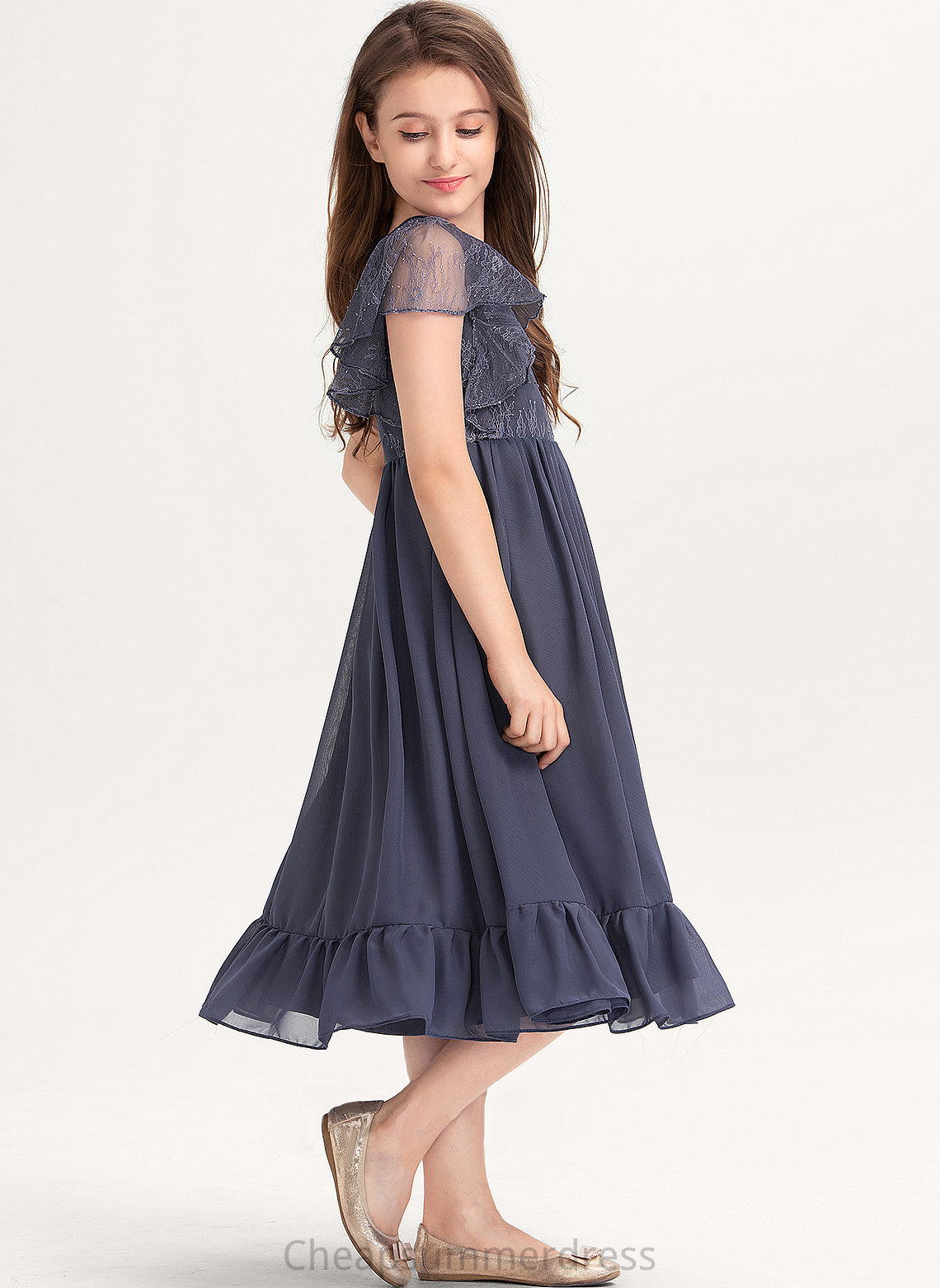 Neck Ruffles Cascading With Jayden Lace A-Line Scoop Knee-Length Junior Bridesmaid Dresses Chiffon