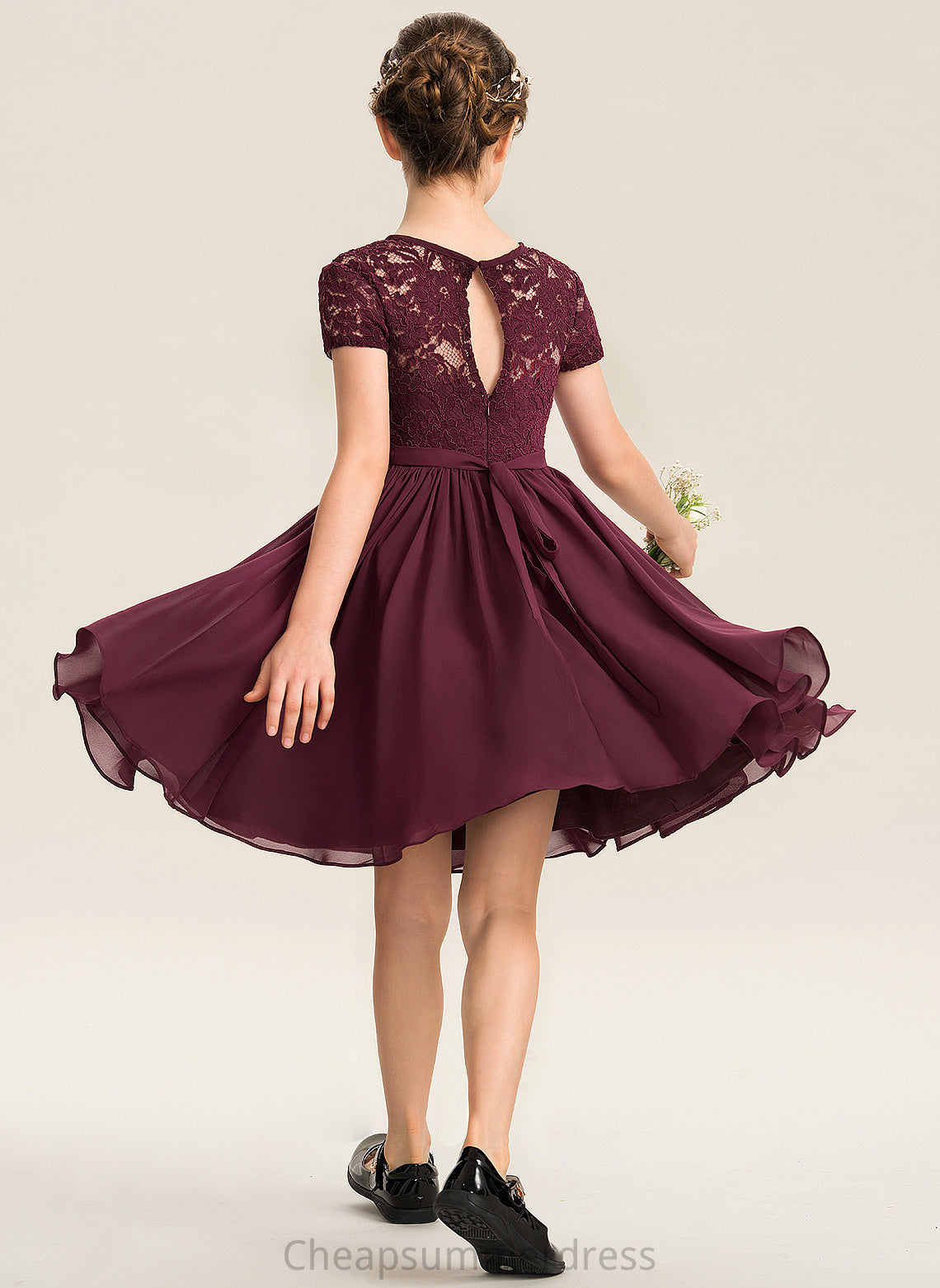 A-Line Junior Bridesmaid Dresses Chiffon Knee-Length Lace Scoop With Neck Bow(s) Aliana