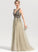 With Prom Dresses Front Floor-Length A-Line Lana Beading Sequins V-neck Tulle Split