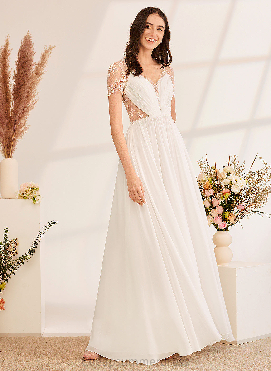With Wedding Dresses Dress V-neck Floor-Length Penelope Wedding Ruffle A-Line