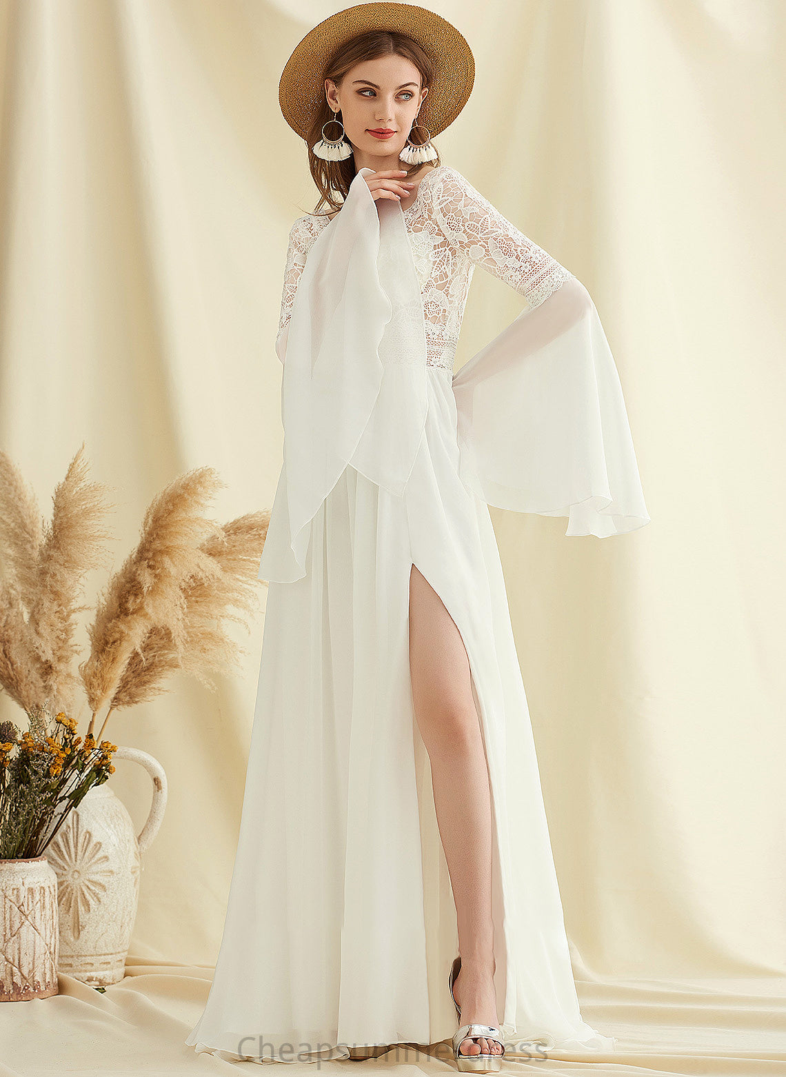 Split Sweep Chiffon Wedding A-Line With V-neck Wedding Dresses Front Train Leticia Dress Lace