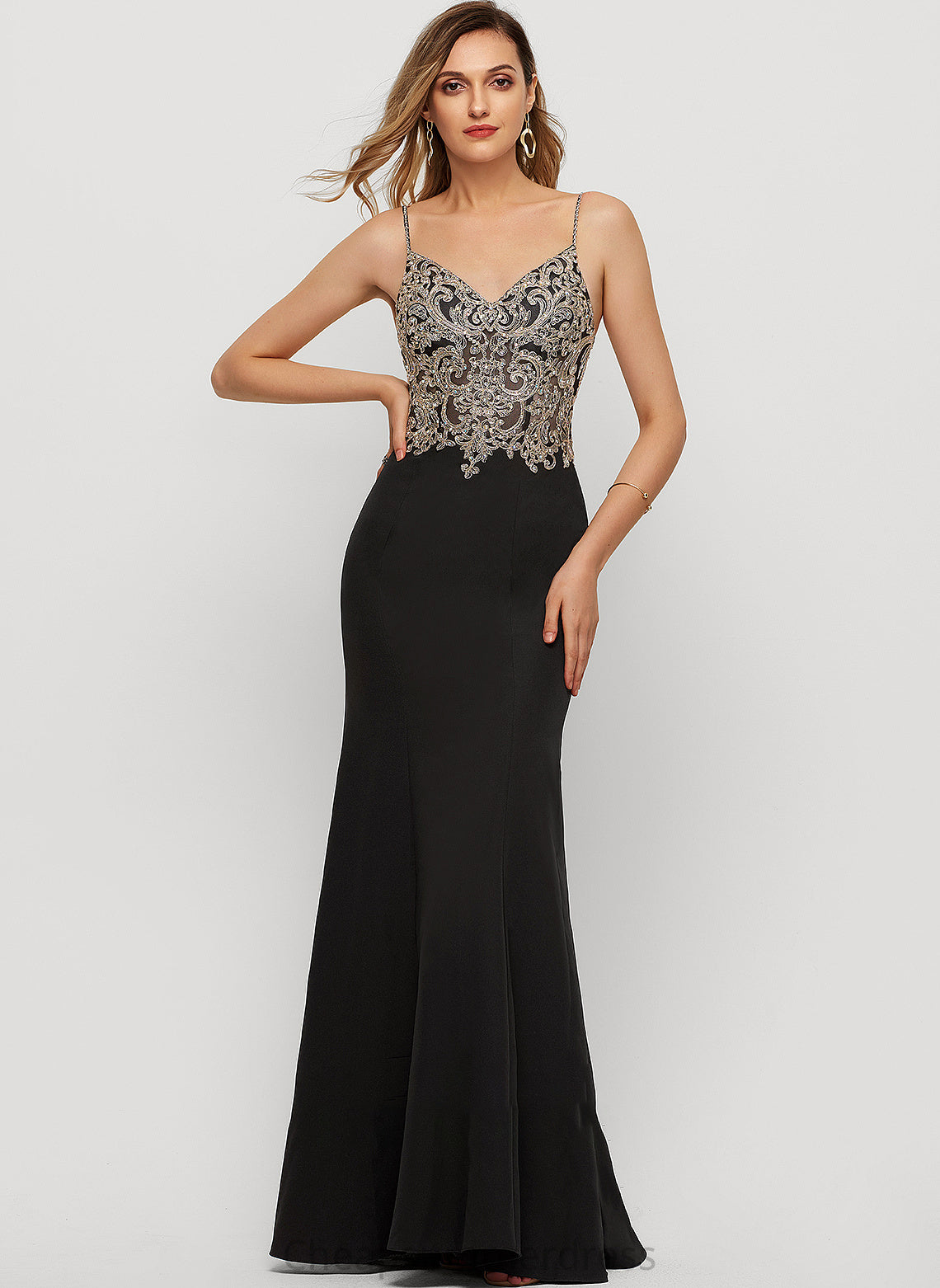With Stretch Crepe Floor-Length Trumpet/Mermaid Prom Dresses Addisyn Beading Sequins V-neck