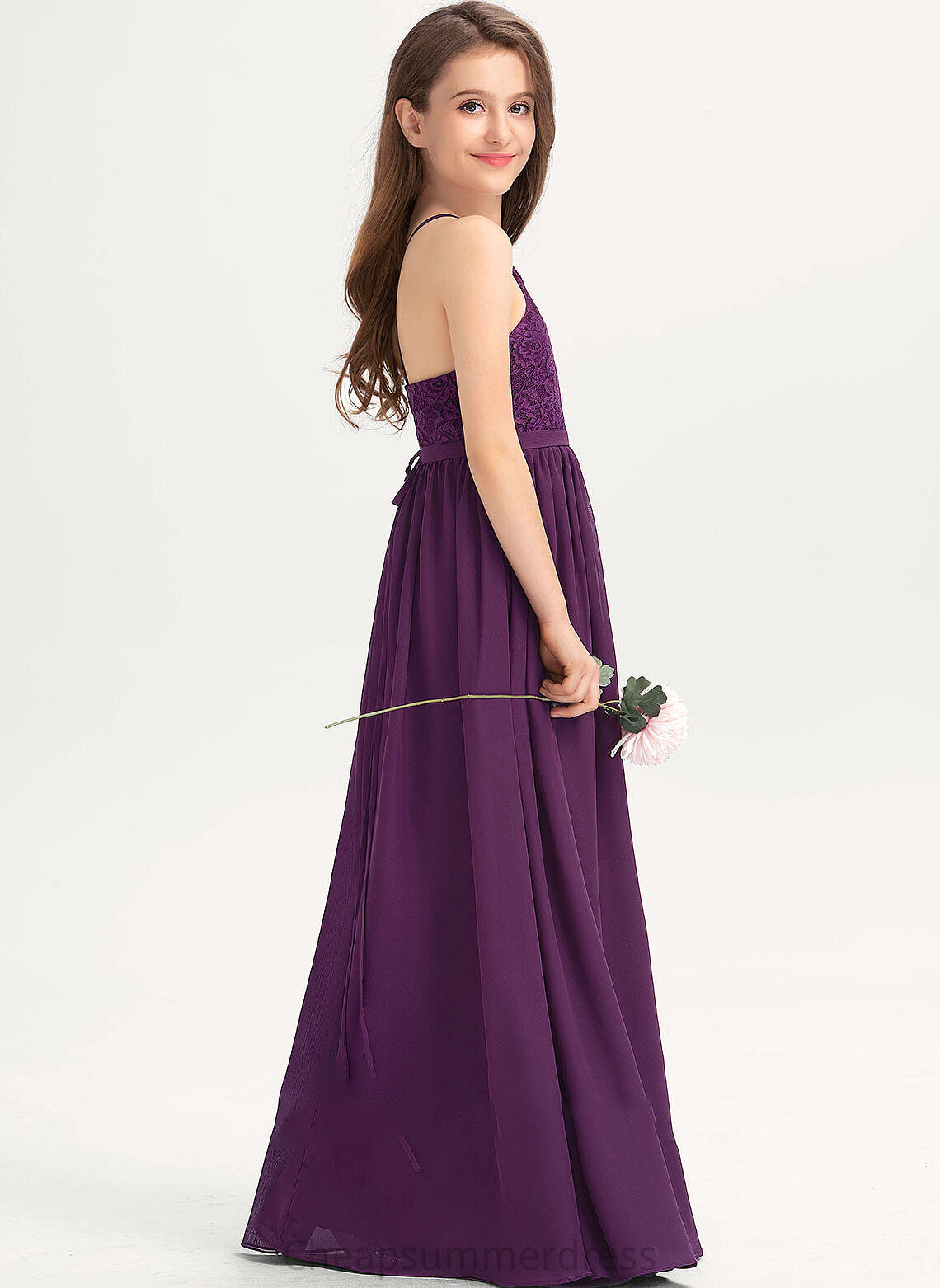 Chiffon Floor-Length Lace Junior Bridesmaid Dresses Miah A-Line Bow(s) With Neckline Square