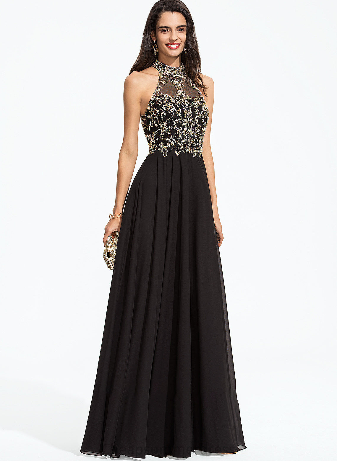 Chiffon High Neck Floor-Length A-Line Prom Dresses Sequins Beading Zoie With