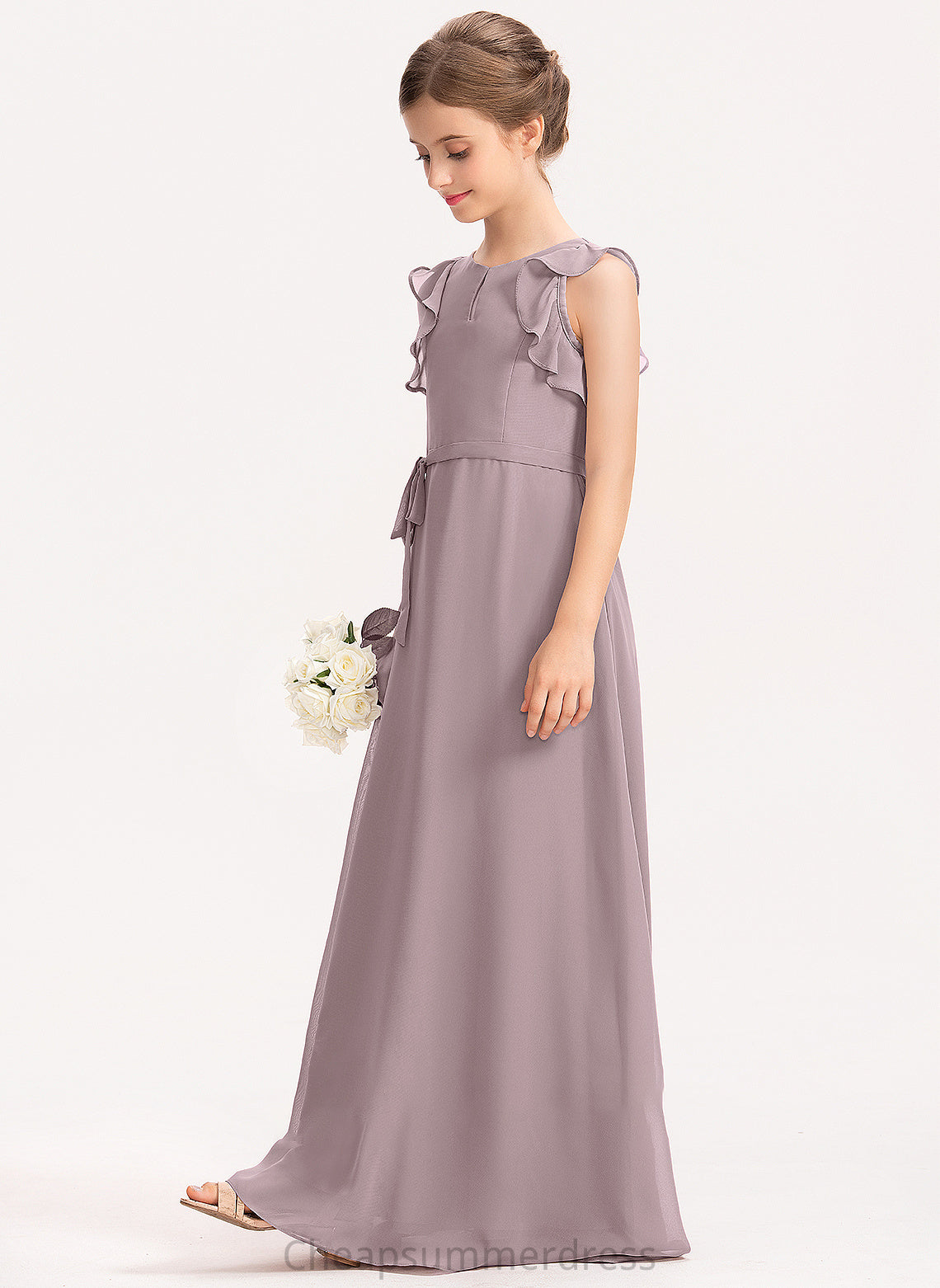 Cascading Junior Bridesmaid Dresses Scoop Bow(s) Chiffon Ruffles With Neck Kinley A-Line Floor-Length
