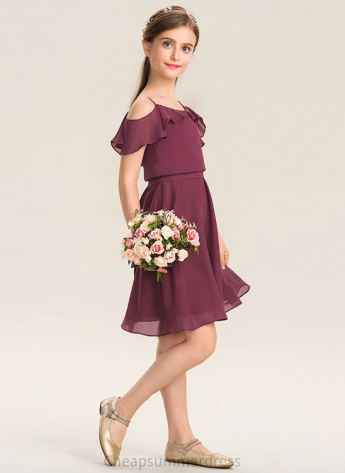 Ruffles Cascading Chiffon Kaylin Off-the-Shoulder Junior Bridesmaid Dresses Bow(s) A-Line With Knee-Length