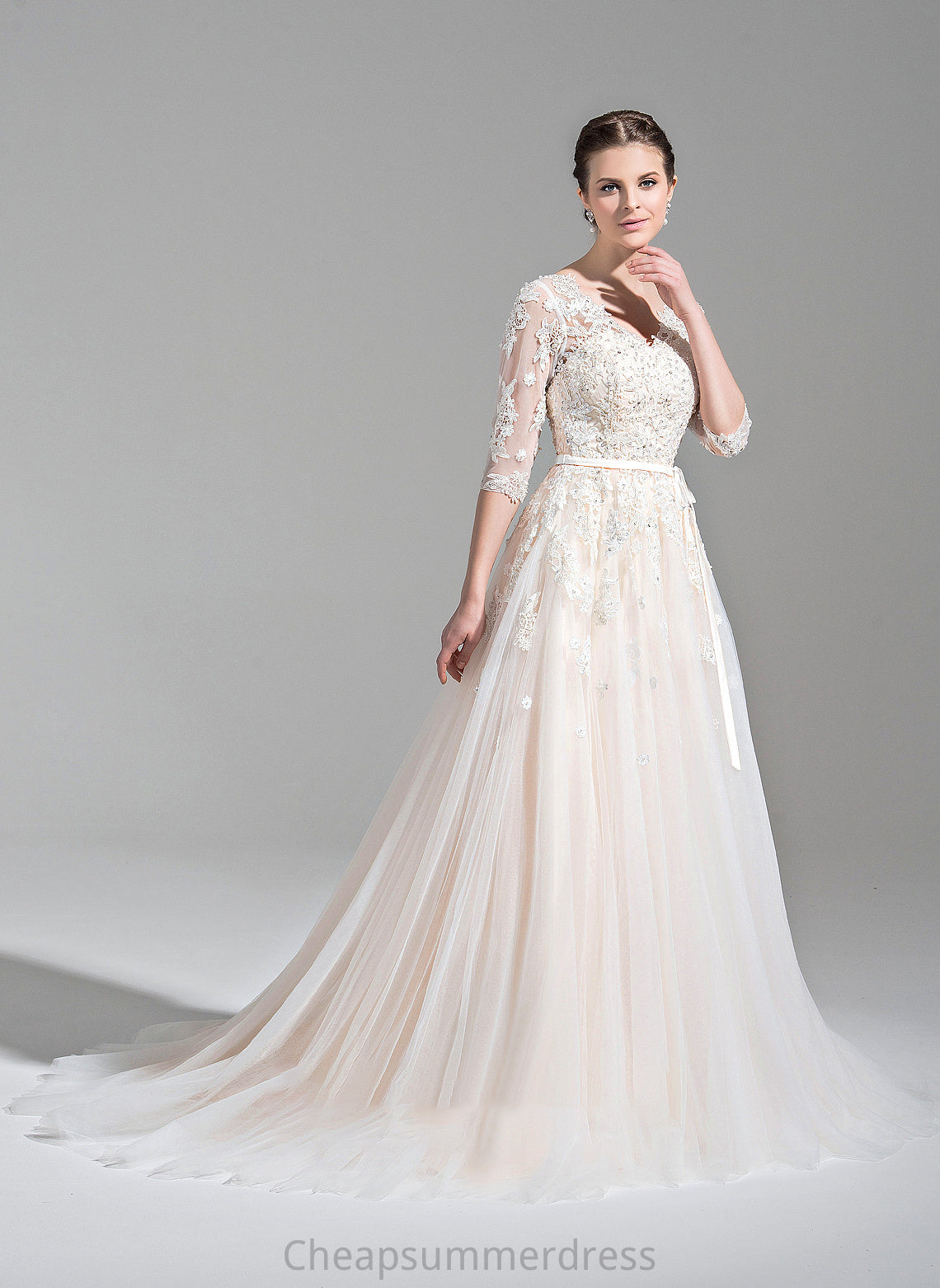 Wedding Dresses Appliques Lace Ball-Gown/Princess Wedding Renata Train Dress With Bow(s) V-neck Court Tulle Sequins Beading