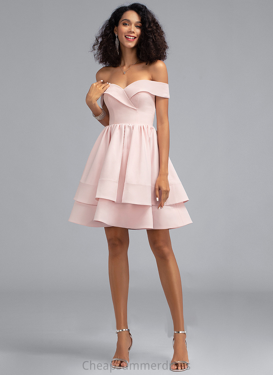 Cascading Ruffles Off-the-Shoulder Cassie Prom Dresses A-Line Stretch Short/Mini With Crepe