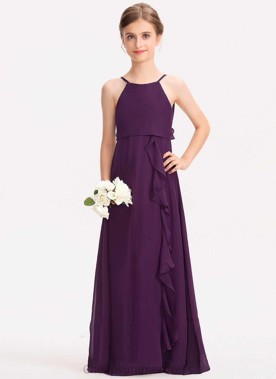 Neck Scoop A-Line Floor-Length Bow(s) Cascading Chiffon Ruffles Junior Bridesmaid Dresses With Keely