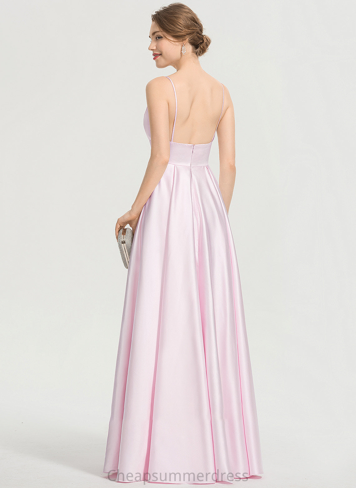 Prom Dresses V-neck Satin Pockets A-Line Floor-Length With Lisa