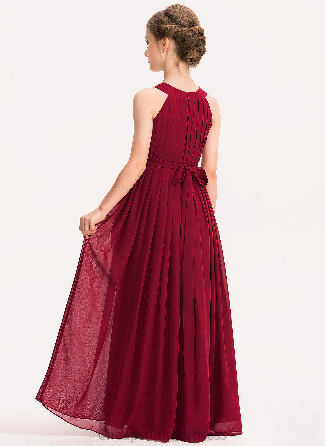 Scoop Chiffon Neck Beading Bow(s) Ruffle Rebecca Floor-Length With Junior Bridesmaid Dresses A-Line