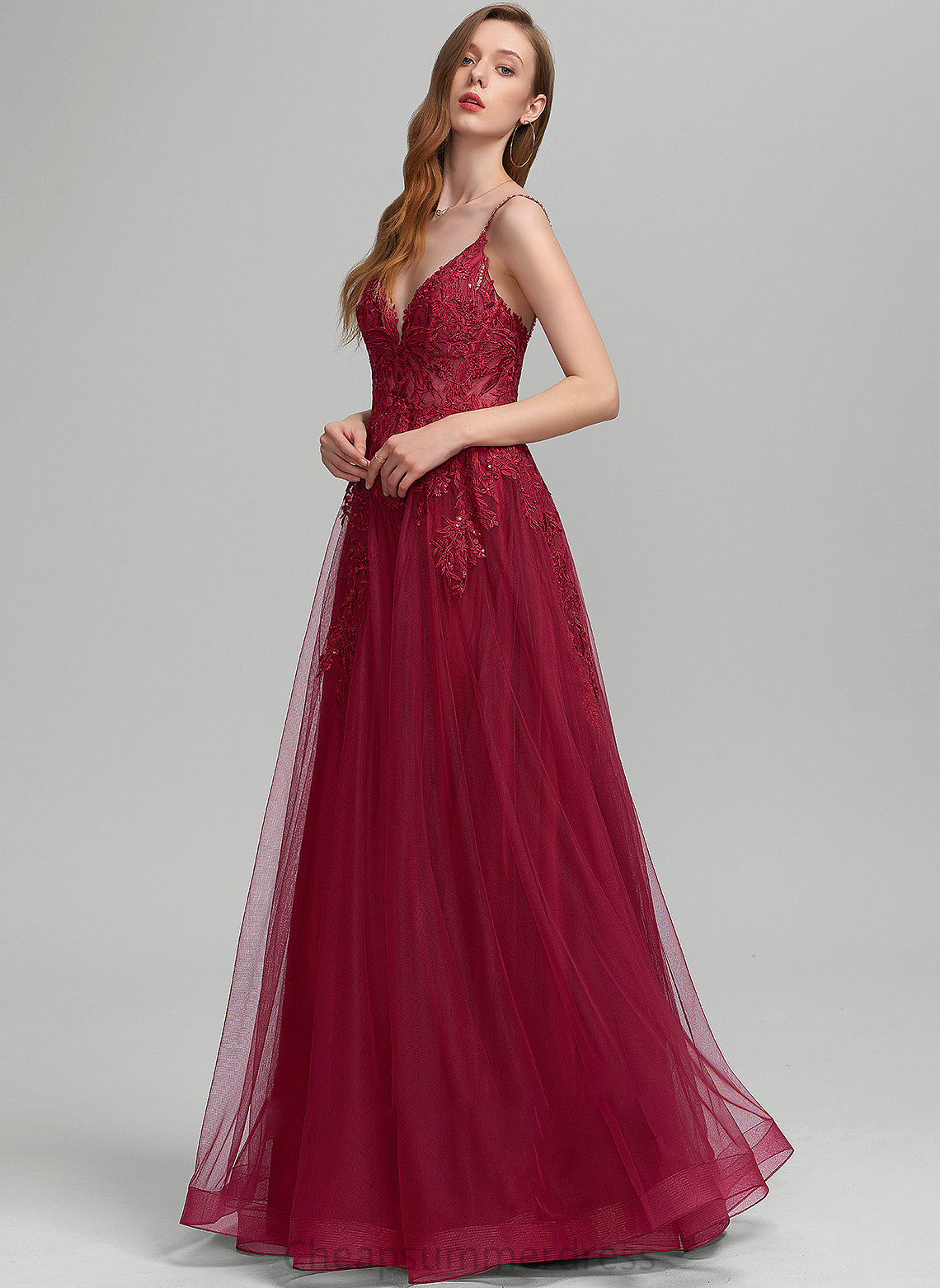 With Sequins Floor-Length Prom Dresses Beading V-neck Tulle Ball-Gown/Princess Lena
