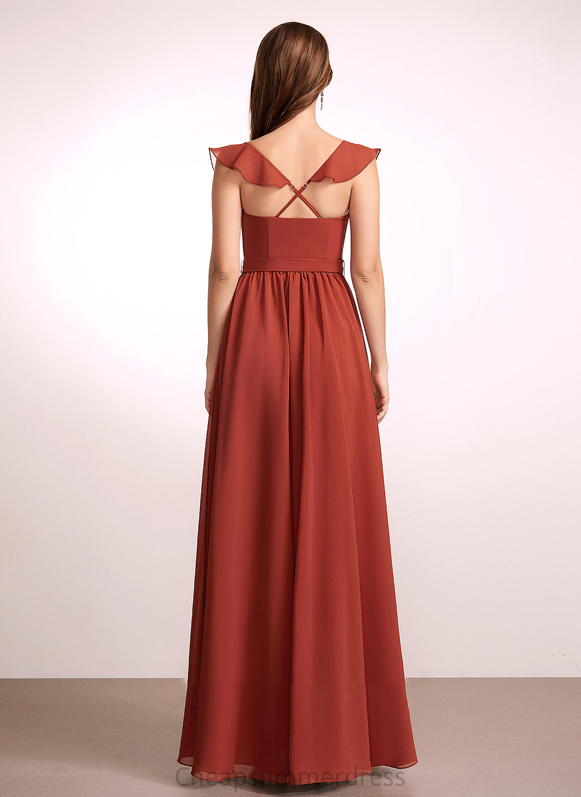 A-Line Fabric Floor-Length Length Silhouette Embellishment V-neck Ruffle Neckline Hana One Shoulder Natural Waist