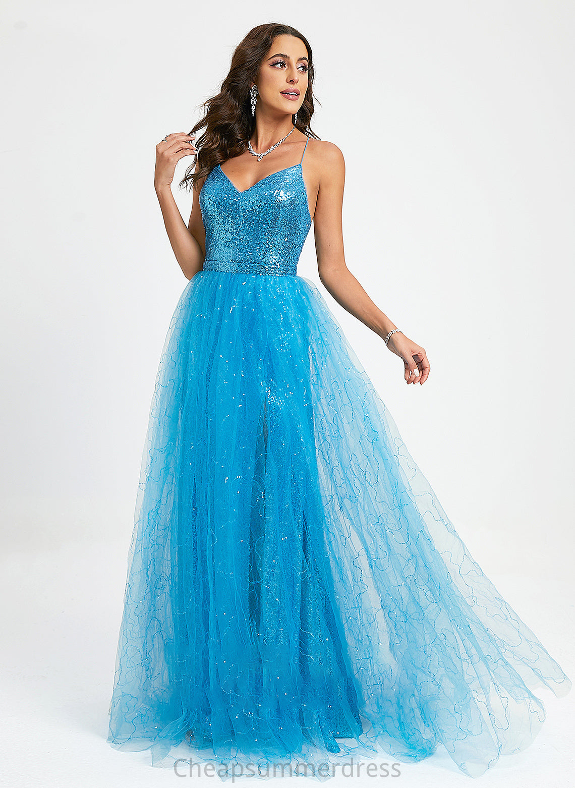 V-neck Elena Tulle With Prom Dresses Sequins Floor-Length Ball-Gown/Princess