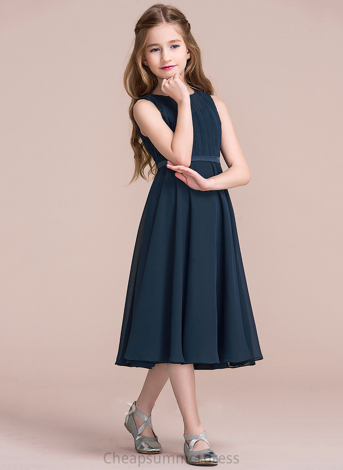 Tea-Length Ruffle Neck Scoop Chiffon Junior Bridesmaid Dresses A-Line Arely With