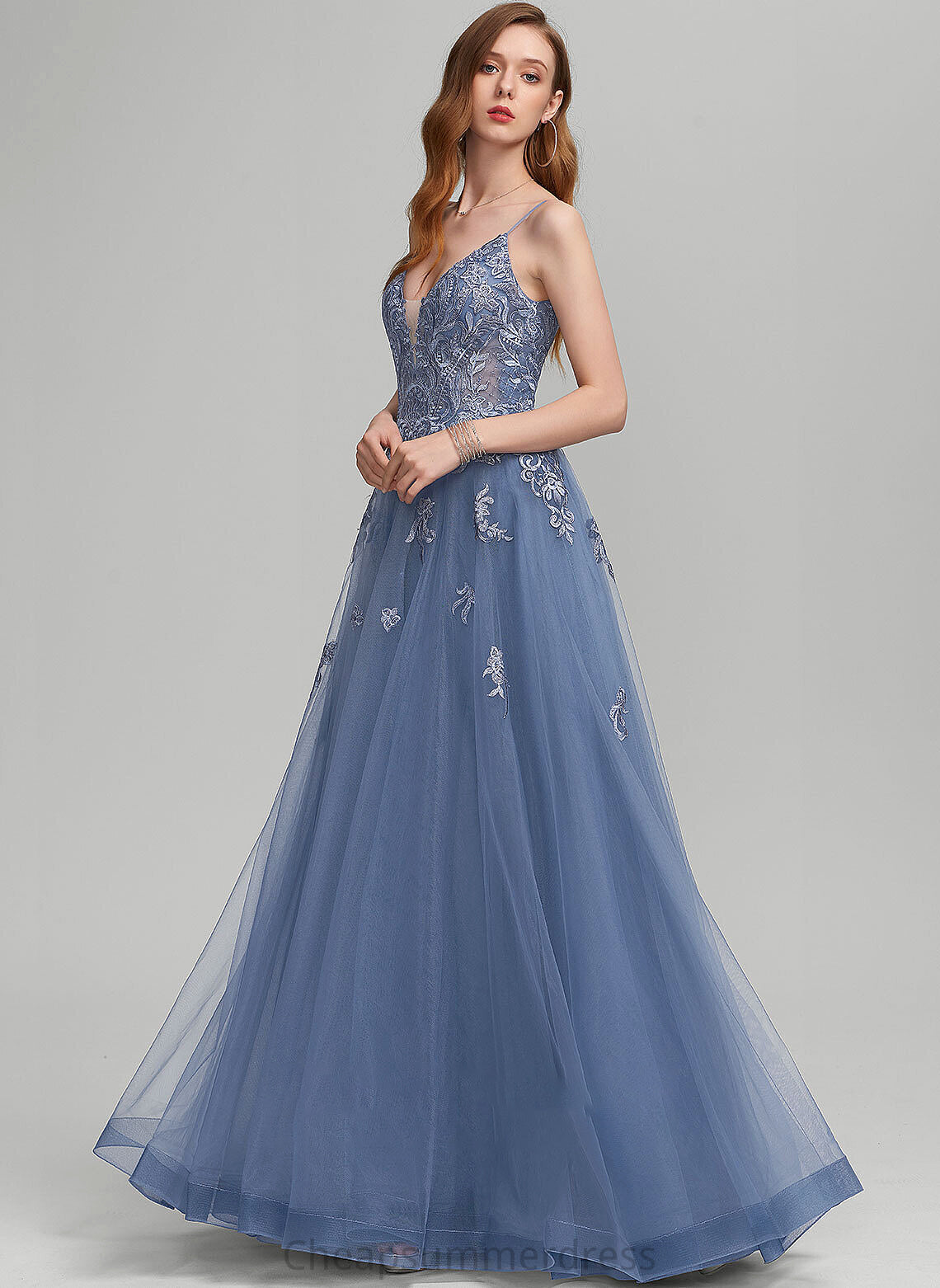 Floor-Length V-neck Sequins Kira Prom Dresses Tulle A-Line With