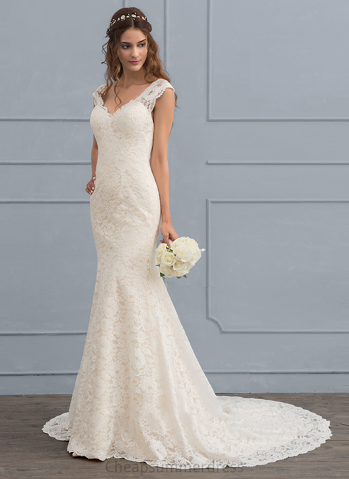 Court Kiersten V-neck Trumpet/Mermaid Dress Wedding Dresses Lace Wedding Train