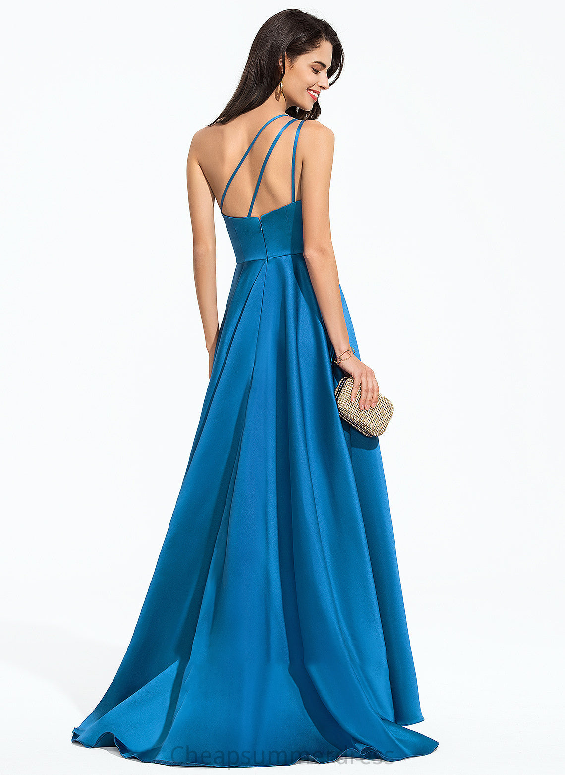 Jayda Train Sweep Satin Front With Split A-Line One-Shoulder Prom Dresses
