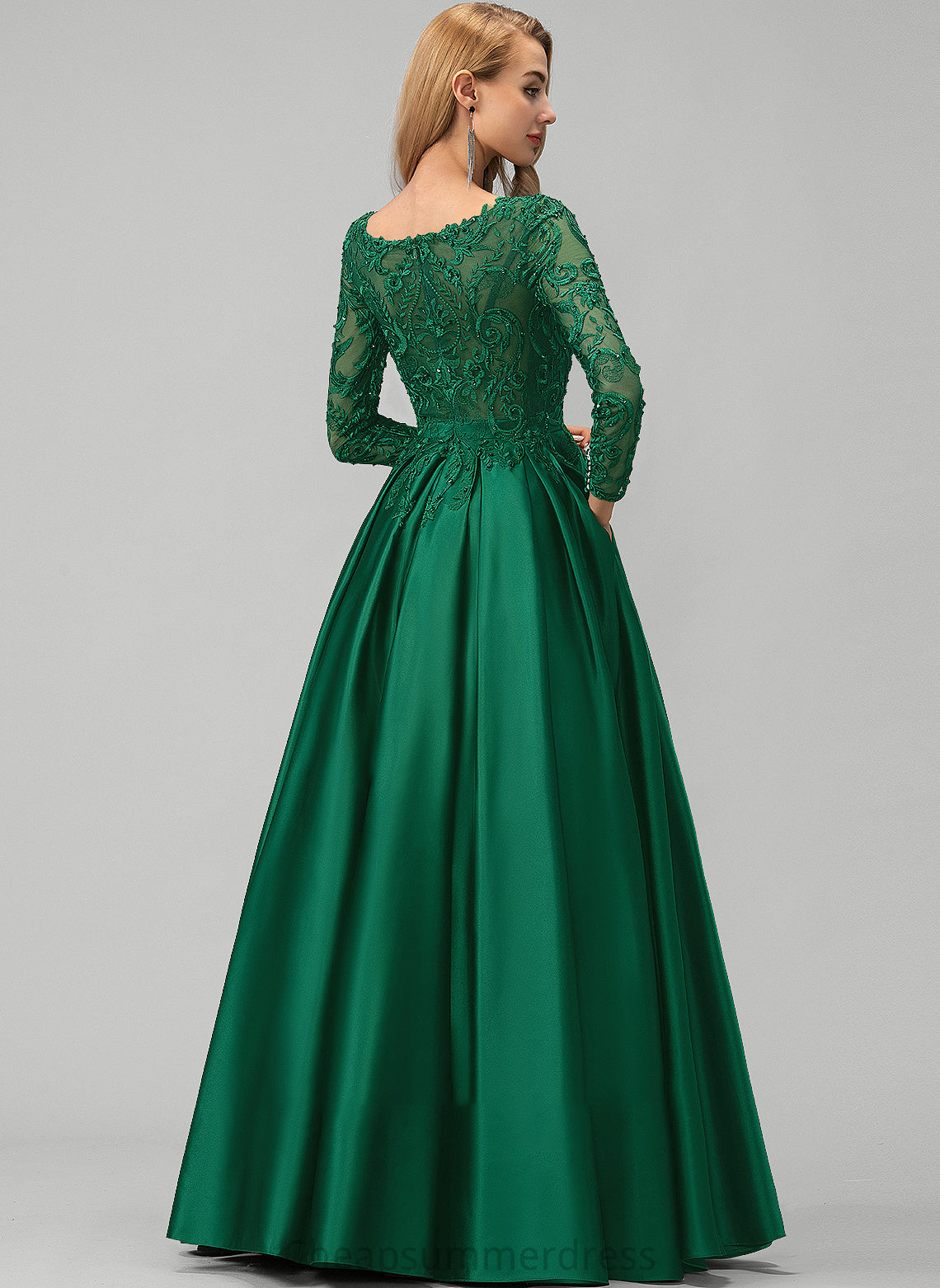Sequins V-neck Beading Satin Pockets Floor-Length Ball-Gown/Princess Prom Dresses With Eliza Lace