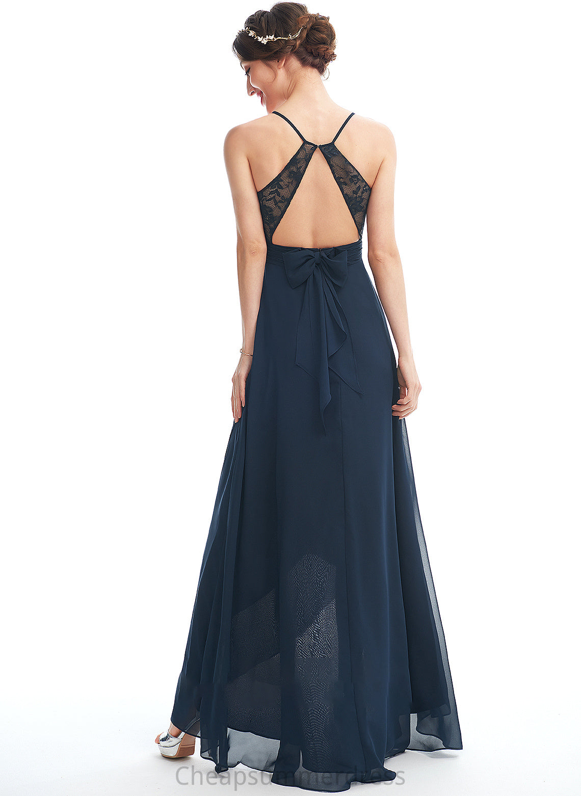 Neckline Asymmetrical A-Line Lace Length Embellishment Fabric V-neck Silhouette Bow(s) Frida Spaghetti Staps
