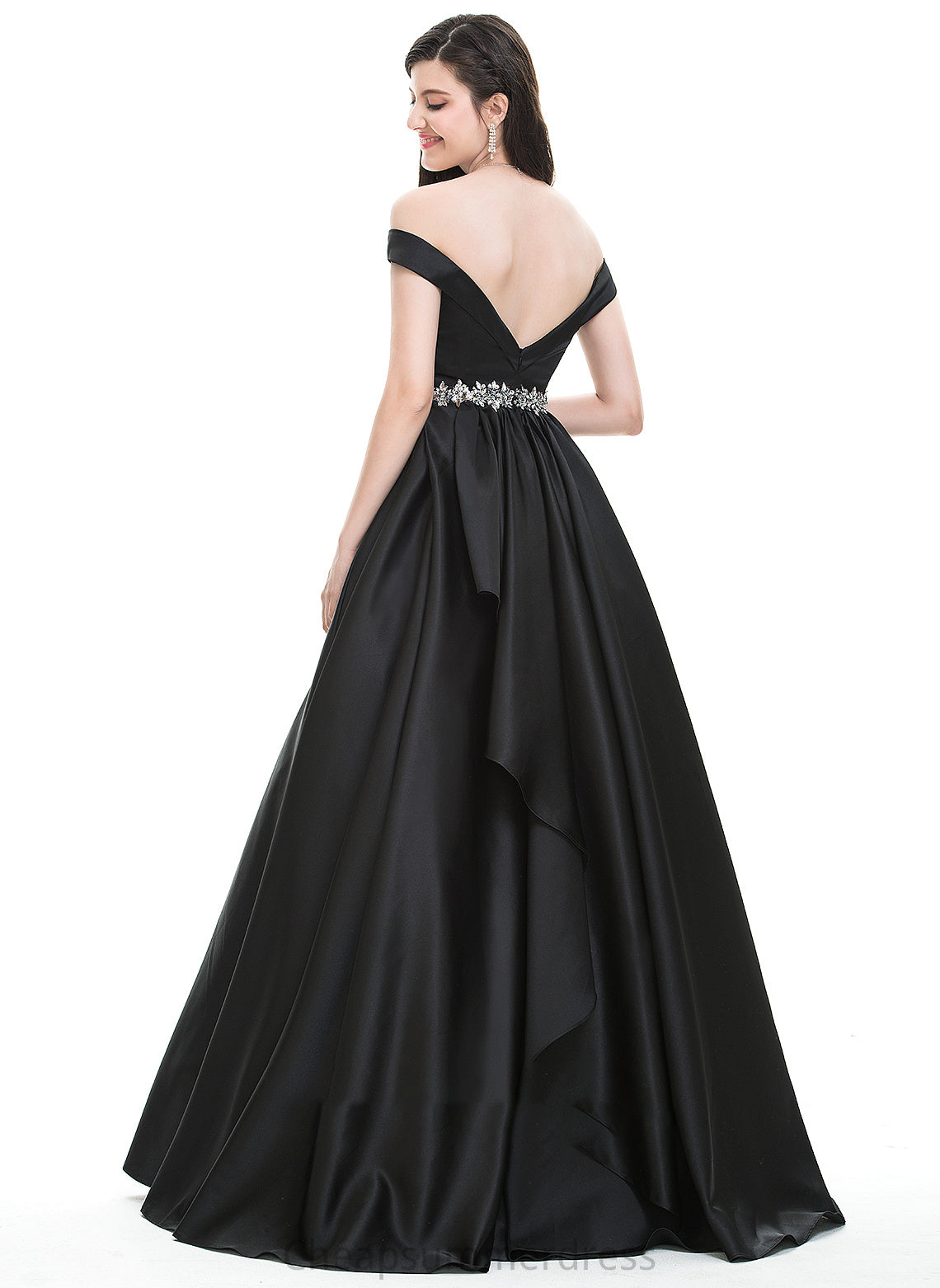 Satin With Prom Dresses Off-the-Shoulder Jaylin Ball-Gown/Princess Beading Floor-Length