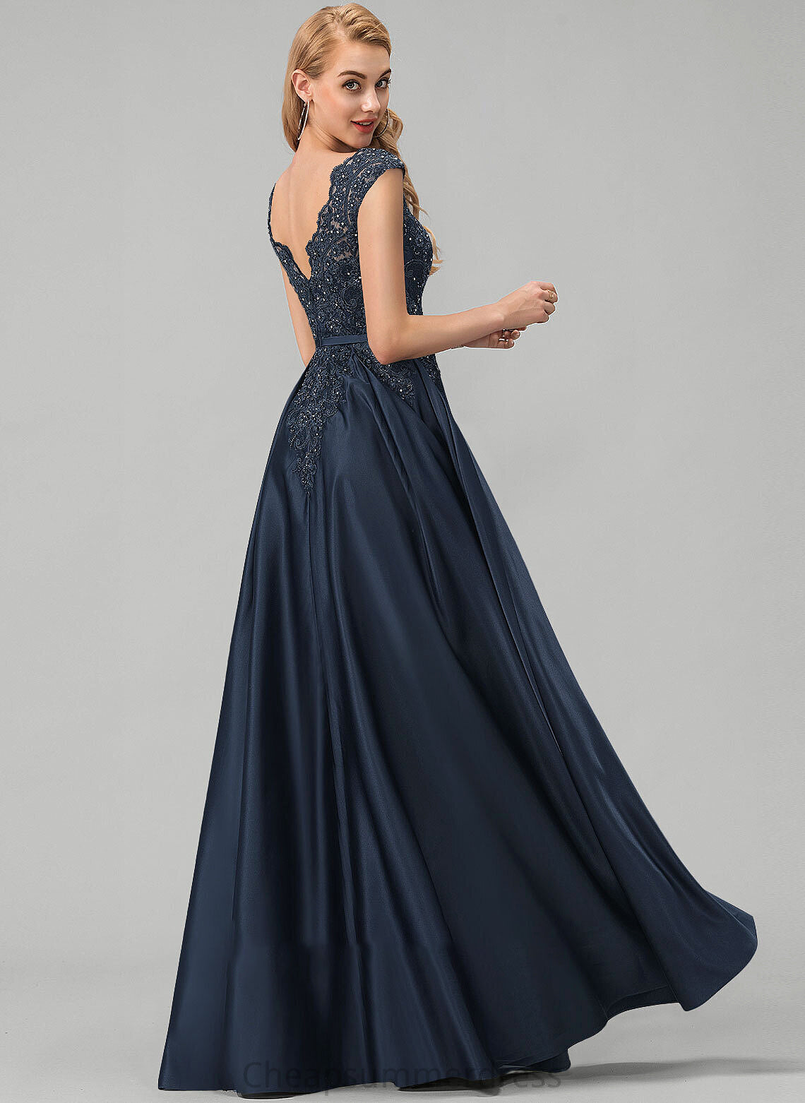Pockets Ball-Gown/Princess With Scoop Prom Dresses Floor-Length Neck Theresa Bow(s) Lace Sequins Satin Beading