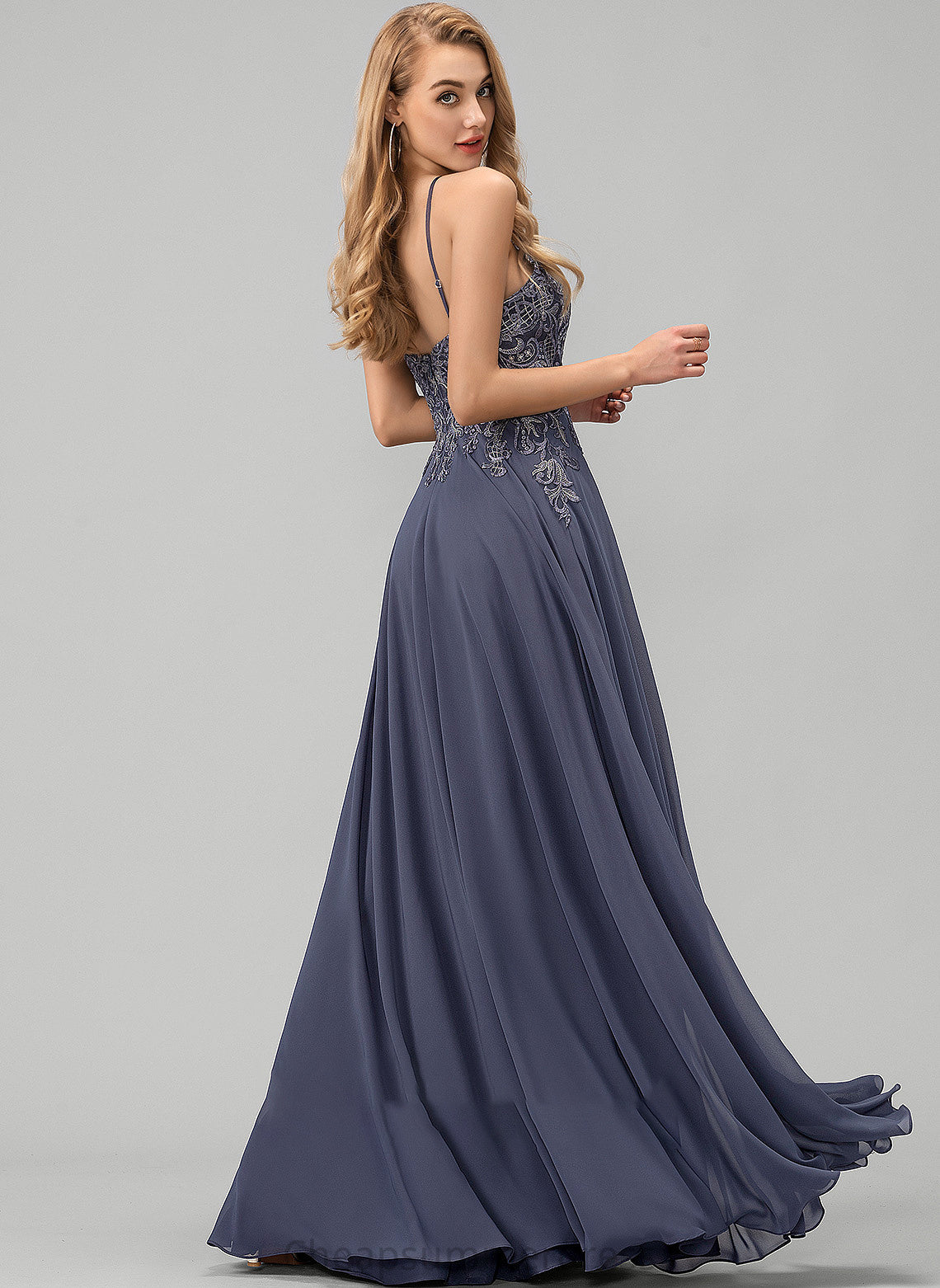 Prom Dresses With Sequins Eva Chiffon A-Line Neck Floor-Length Scoop Lace