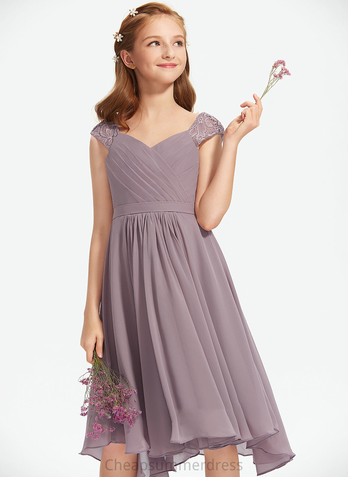 Junior Bridesmaid Dresses Knee-Length A-Line Lace V-neck Campbell Ruffle With Chiffon