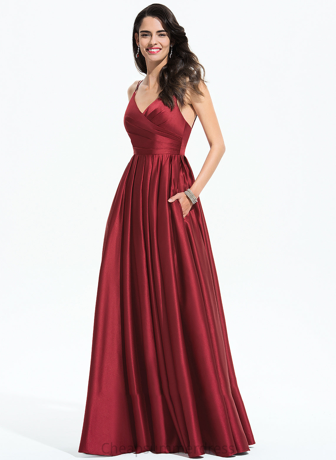 Floor-Length Satin Ruffle Pockets A-Line With V-neck Danna Prom Dresses