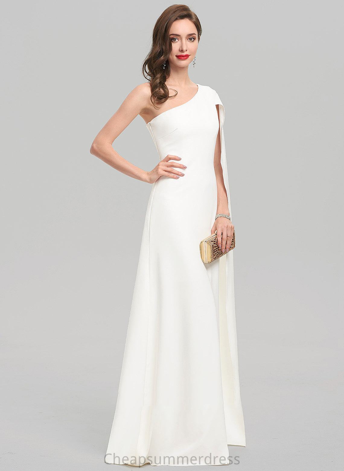 One-Shoulder Floor-Length Crepe Wedding Dresses Wedding Dress Sheath/Column Maya Stretch