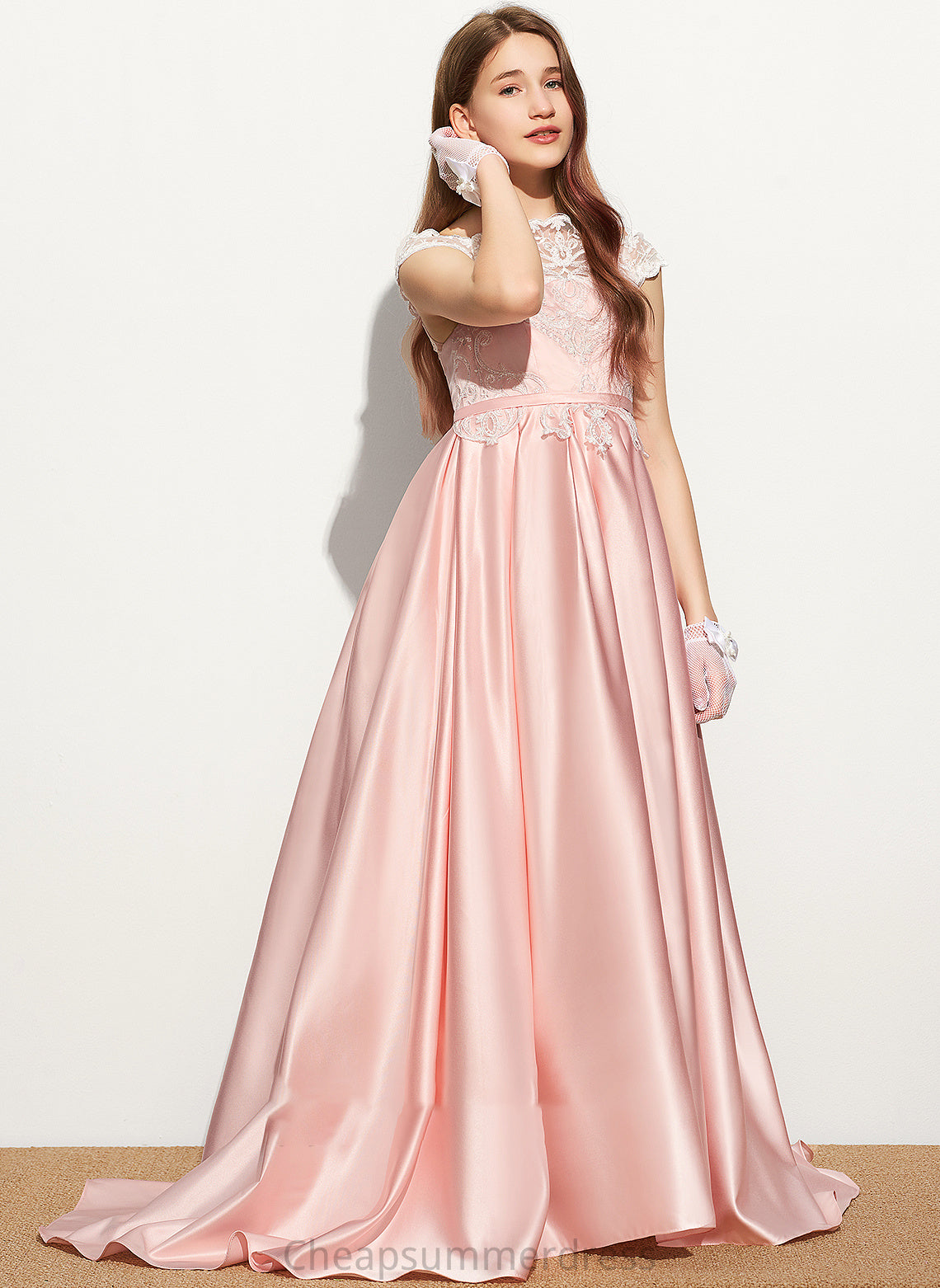 Ball-Gown/Princess Train Junior Bridesmaid Dresses Satin Lace Sweep Off-the-Shoulder Fatima
