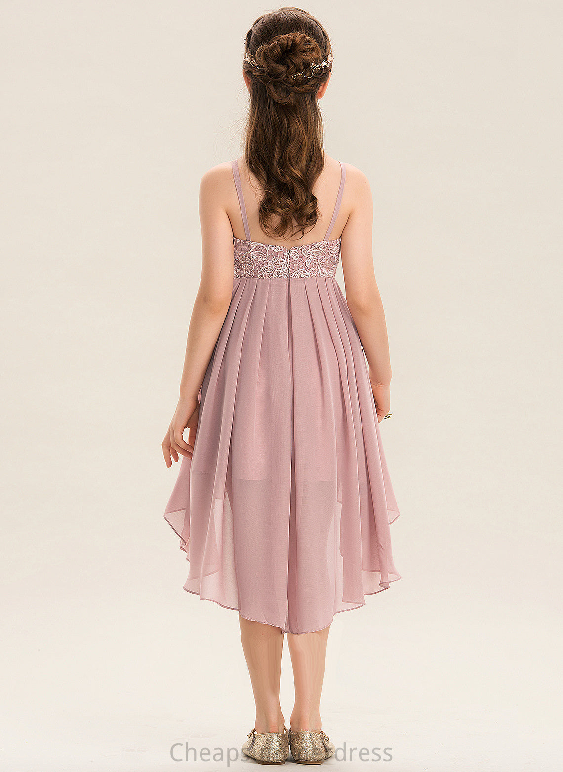 Square Neckline A-Line Asymmetrical Lace Isis Junior Bridesmaid Dresses Chiffon