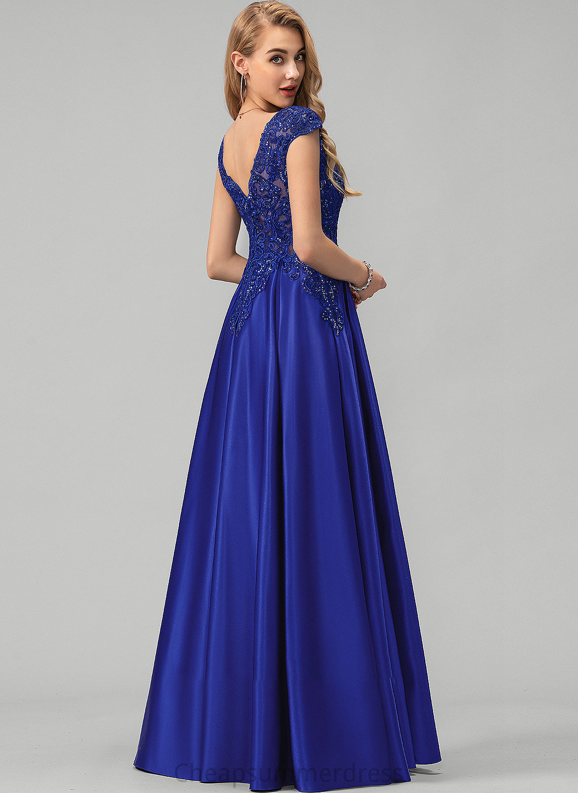 Floor-Length Ball-Gown/Princess With V-neck Satin Lace Cadence Sequins Prom Dresses