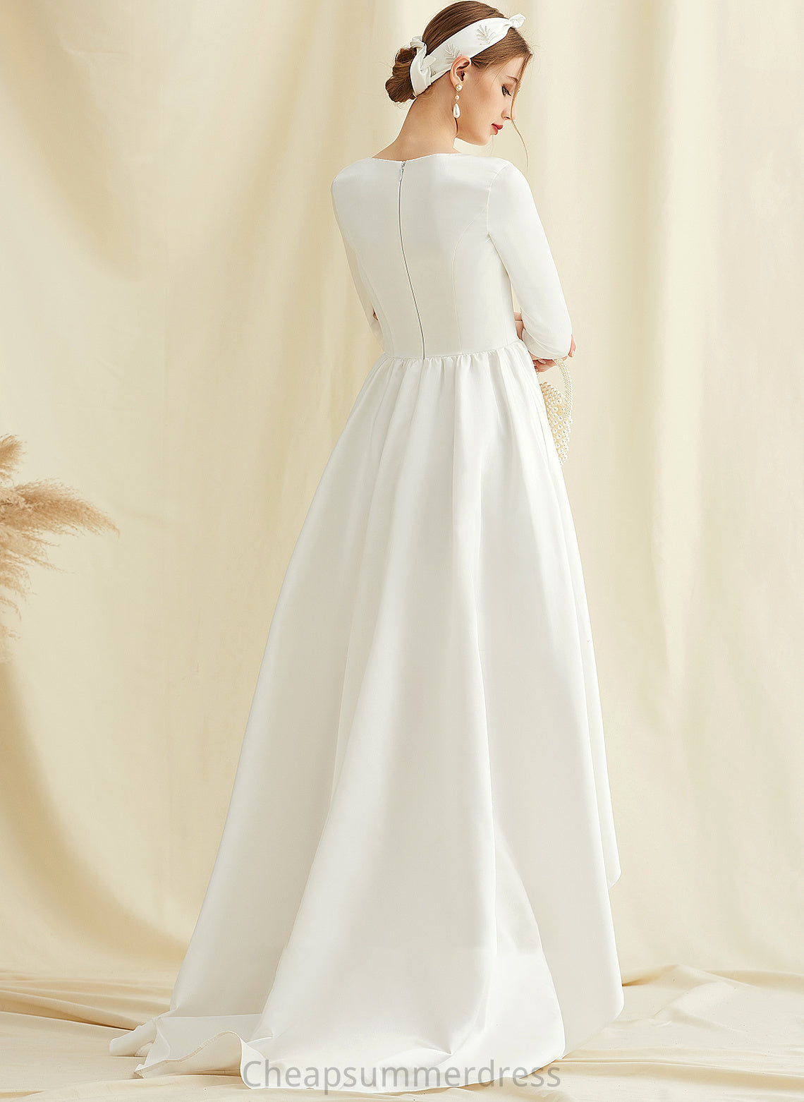 A-Line Wedding Dresses Scoop Patience Pockets Wedding Satin Dress With Neck Asymmetrical