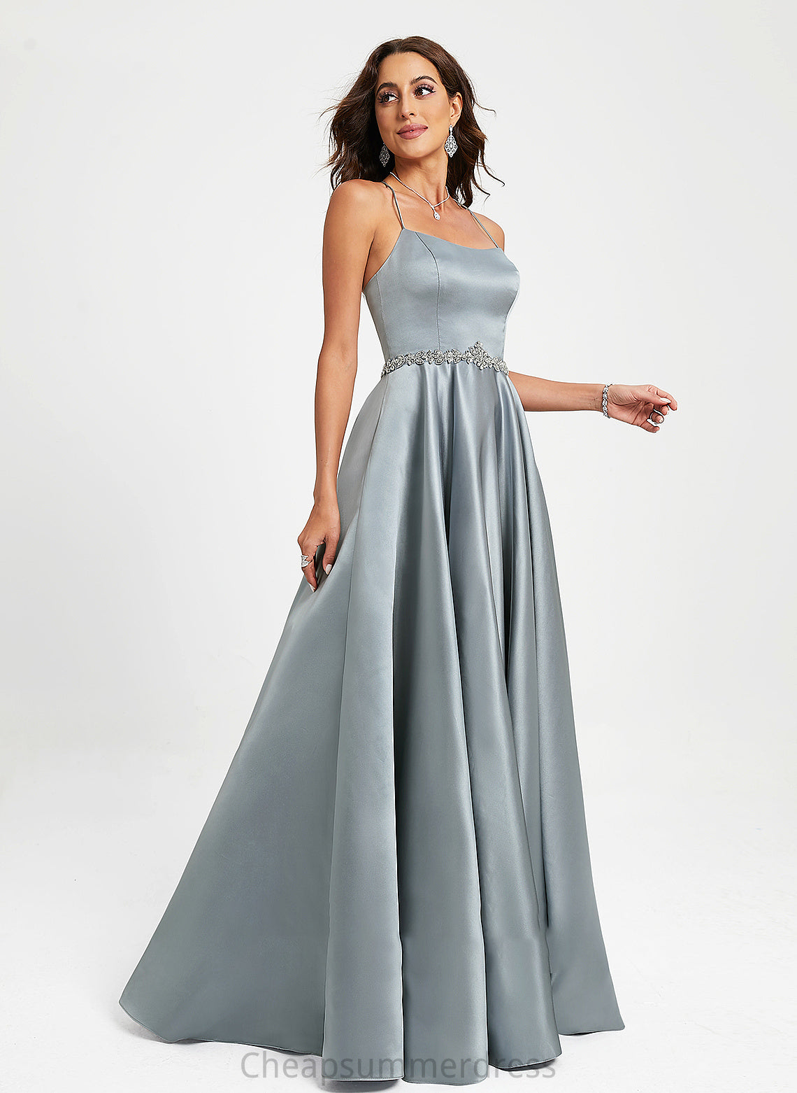 Madisyn Satin Prom Dresses A-Line Neck Floor-Length With Scoop Beading